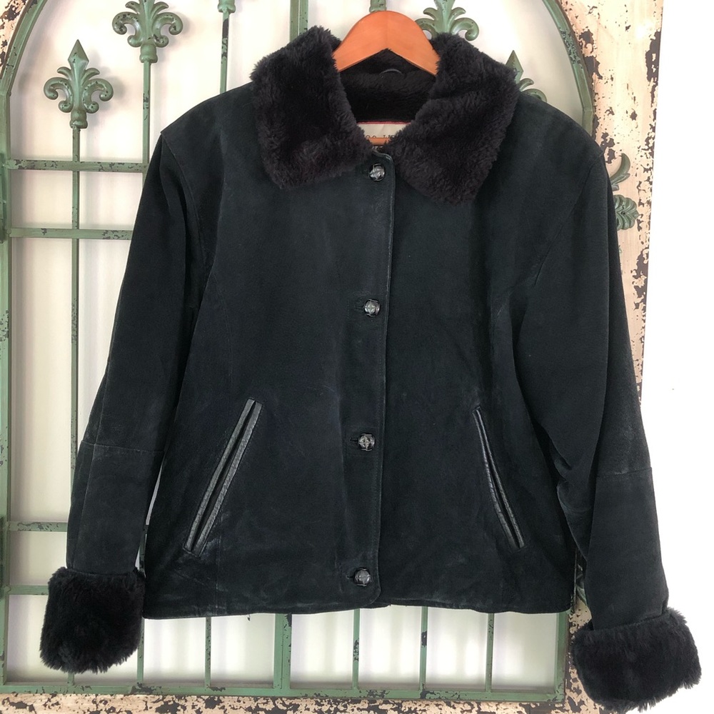 Black Vintage Suede jacket with Faux Fur